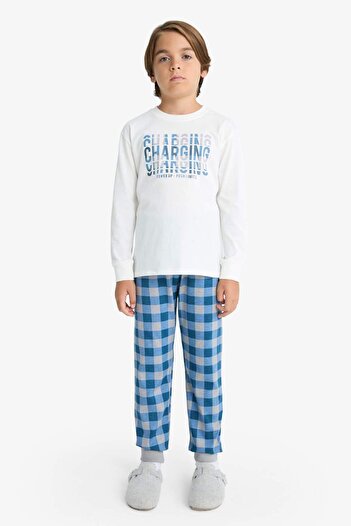 DeFacto Boys' Pajama Set Printed Long Sleeve Top Plaid Long Bottom G2300A825Au