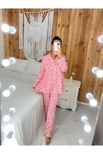 Pijamapartisi Cherry Pattern Long Sleeve Combed Cotton Fabric before after Pajamas Set