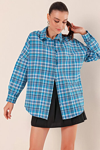 hazelin Women's Blue White Navy Stripe Checked Plaid Shirt HZL22W-BD1201451