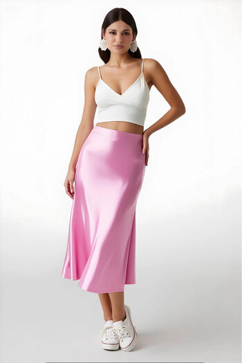 hazelin Kadın Pembe Saten Yüzeyli Beli Lastikli Midi Boy Etek Hzl23S-BD1101471