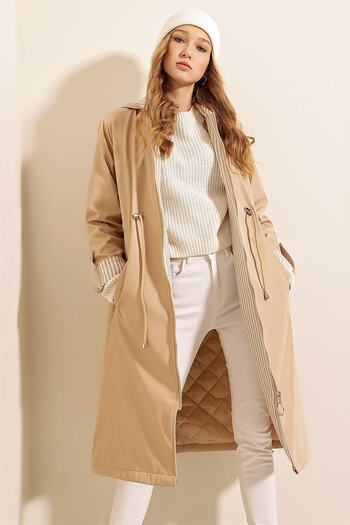 hazelin Women's Beige Drawstring Waist Hooded Long Trench Coat Hzl22W-Bd190911