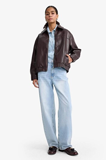 DeFacto Dad Fit Polo Yaka Fermuarlı Suni Deri Ceket F2681AX25AU