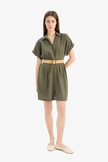 DeFacto Shirt Collar Belted Linen Blend Short Sleeve Mini Dress D8447Ax25Sm