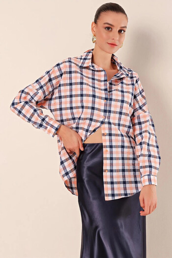 hazelin Women's Orange White Navy Blue Plaid Shirt HZL22W-BD1201451