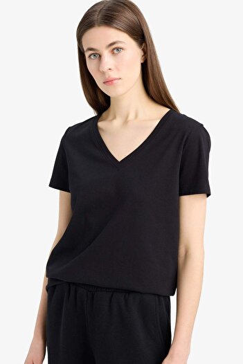 DeFacto Regular Fit V Neck Basic Plain Combed Cotton Short Sleeve T-Shirt E5850Ax25Sm