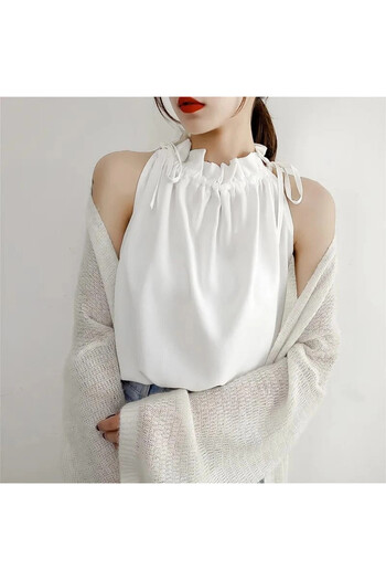 hazelin Women's White Neck Drawstring Detailed Sleeveless Woven Stylish Blouse HZL22S-DSB110021