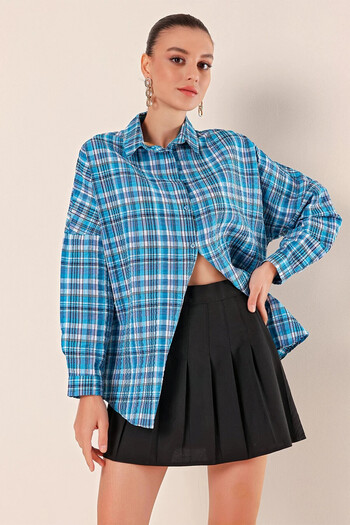hazelin Women's Blue White Navy Stripe Checked Plaid Shirt HZL22W-BD1201451