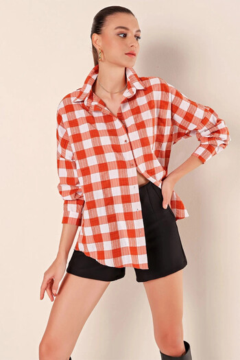 hazelin Women's Brick White Plaid Shirt HZL22W-BD1201451