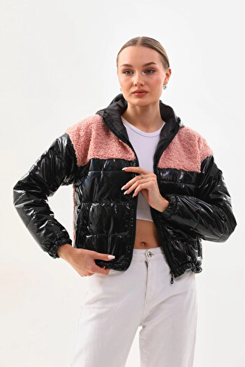 hazelin Kadın Pembe Siyah Rugan Fermuarlı İçi Astarlı Beli Lastikli Crop Peluş Mont HZL24W-BRC129361