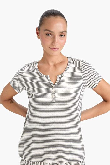 DeFacto Regular Fit Çizgili Kısa Kollu Üst Uzun Alt-Fall in Love F9838AX25AU