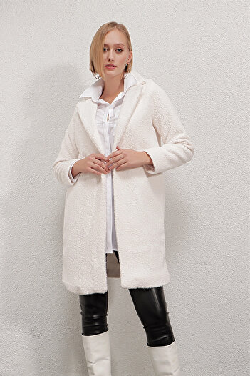 hazelin Women's Bone Single Button Double Pocket Lined Boucle Cashmere Coat Hzl22W-Bd190821
