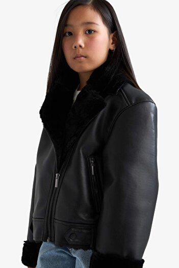 DeFacto Girl's Jacket Collar Faux Fur Lined Coat F0562A825Au