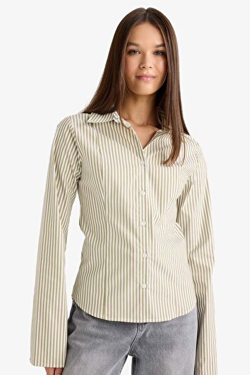 DeFacto Fitted Çizgili Poplin Uzun Kollu Gömlek F9645AX25AU