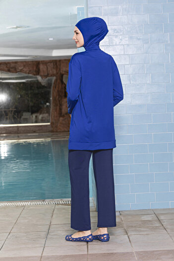 hazelin Women's Hijab Saks Blue Pocketed Long Sleeve Full Covered Leggings Lycra Dress Swimsuit HZL24S-AR1254-11