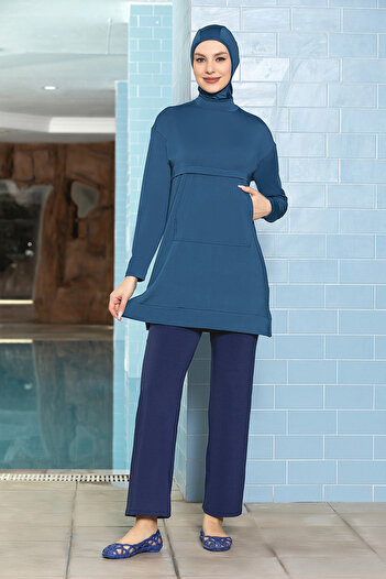 hazelin Women's Hijab Petrol Blue Pocket Long Sleeve Full Covered Leggings Lycra Dress Swimsuit HZL24S-AR1254-29