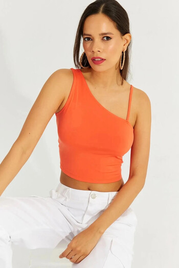 hazelin Women's Orange Strappy One Shoulder Lycra Crop Blouse Hzl23S-Snd120171