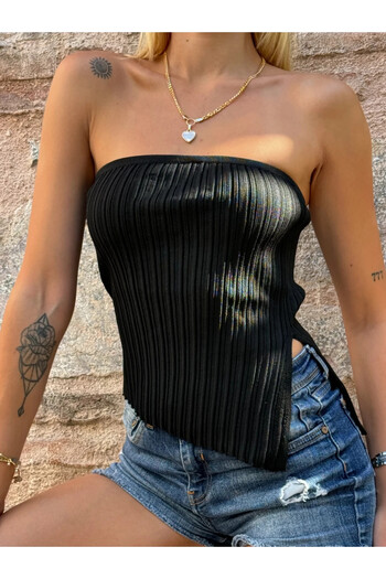 hazelin Black Asymmetrical Knitwear Strapless Blouse - Slit Hzl24s-zk10291