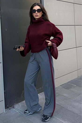 Madmext Anthracite Stripe Detailed Wide Leg Women's Trousers Mg2441
