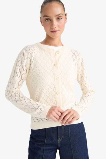 DeFacto Regular Fit Crew Neck Openwork Buttoned Knitwear Cardigan G0191Ax25Au