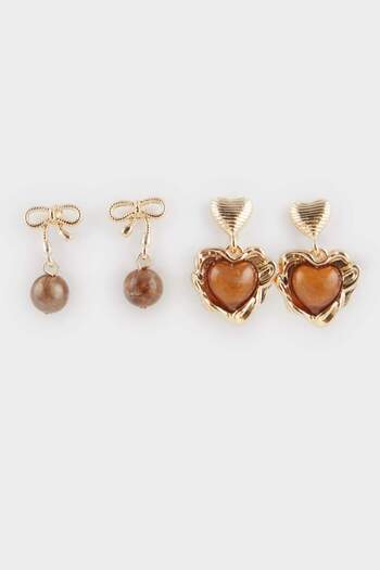 DeFacto Women's 2-Piece Brown Stone Gold Earrings F6859Axns