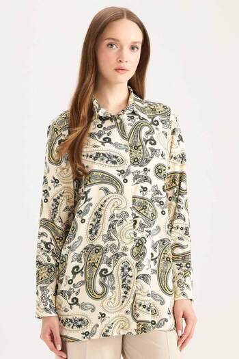 DeFacto Relax Fit Shirt Collar Patterned Viscose Long Sleeve Tunic D7348Ax25Sp