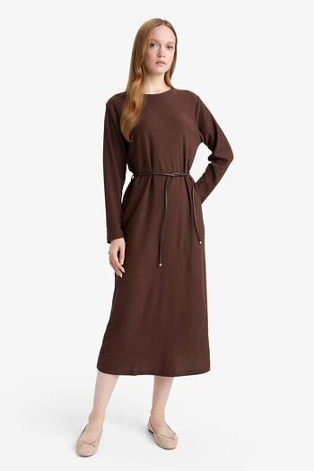 DeFacto Regular Fit Combed Cotton Long Sleeve Midi Dress F3091Ax25Wn