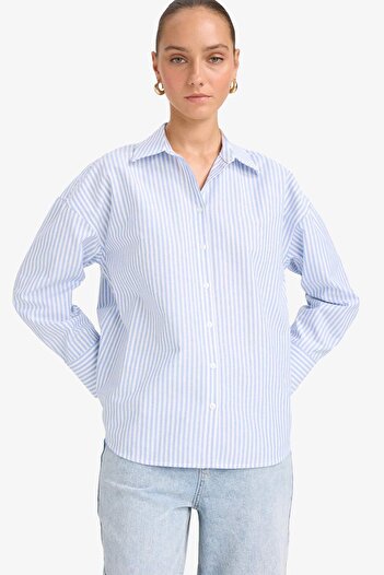 DeFacto Oversize Wide Fit Striped Oxford Long Sleeve Shirt D4512Ax25Sp