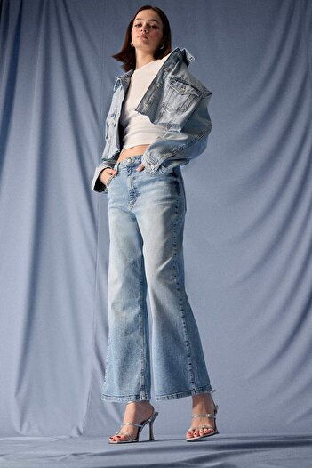 DeFacto Short Wide Leg High Waist Ankle Length Jean Washed Pants F7769Ax25Au