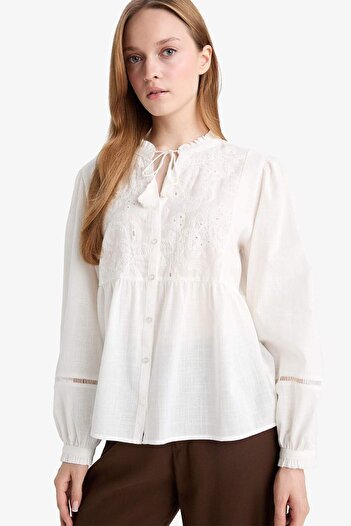 DeFacto Relax Fit Tie-Up Flared Cotton Long Sleeve Shirt F9631Ax25Au
