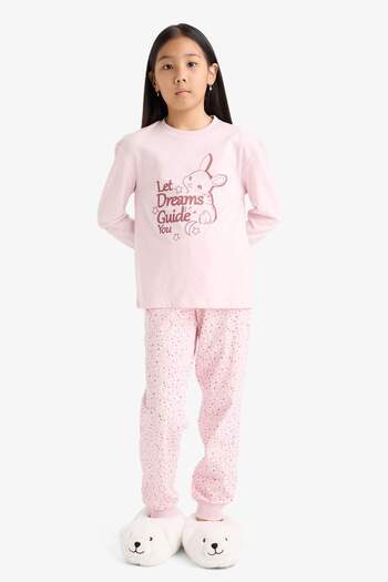DeFacto Girls' Pajama Set Printed Long Sleeve Top Patterned Long Bottom F6215A825Wn