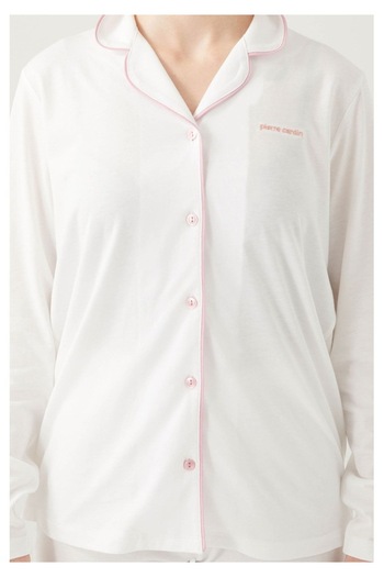 Pierre Cardin Women's Ecru Long Sleeve Button Front Pajama Set with 1 Pair of Socks Gift R.O.Z..8.2.E.L.T.8.