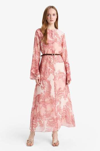 DeFacto Scoop Neckline Shawl Patterned Long Sleeve Belted Chiffon Maxi Dress G0016Ax25Au