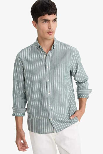 DeFacto Regular Fit Polo Neck Woven Long Sleeve Striped Shirt E7840Ax25Au