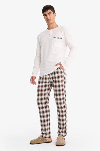 DeFacto Pajama Set Regular Fit Long Sleeve Top Checked Long Bottom F7488Ax25Au