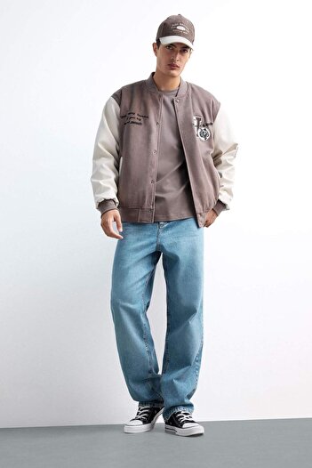 DeFacto Oversize Wide Fit College Collar Bomber Embroidery Detailed Snap Fastener Suede Coat F4145Ax25Au