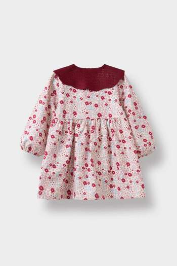 DeFacto Kız Bebek Geniş Örgü Yaka Çiçek Desenli Düğmeli Uzun Kollu Twill Elbise D3073A524AU