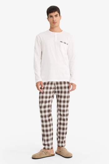 DeFacto Pajama Set Regular Fit Long Sleeve Top Checked Long Bottom F7488Ax25Au