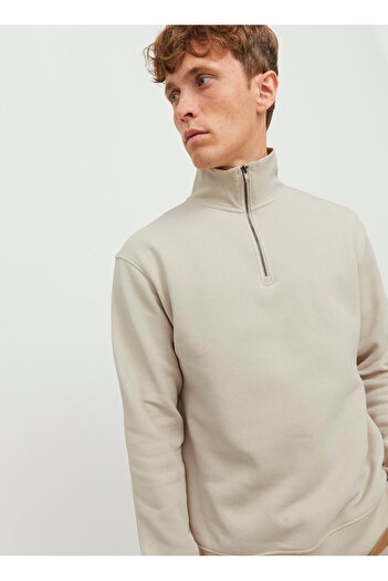 Jack & Jones Men's Beige Jjebradley Sweat Half Zip Noos Sweatshirt 12250747-Moonbeam