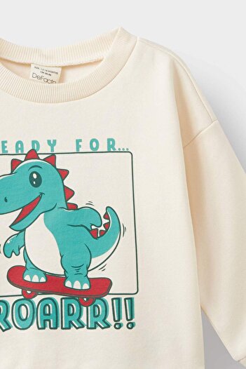DeFacto Baby Boy Crew Neck Dinosaur εμπριμέ μαλακό γούνινο φούτερ E9230A525AU