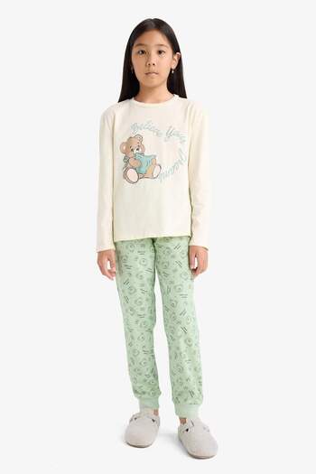 DeFacto Girls' Pajama Set Printed Long Sleeve Top Patterned Long Bottom F6219A825Wn