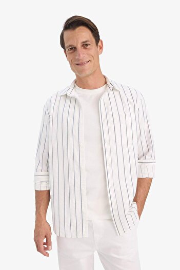 DeFacto Regular Fit Polo Neck Cotton Long Sleeve Striped Shirt E7893Ax25Au