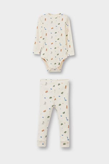 DeFacto Baby Boy 2-Piece Set Dinosaur Printed Long Sleeve Ribbed Camisole Snap Fastener Body Bottom F0123A525Au