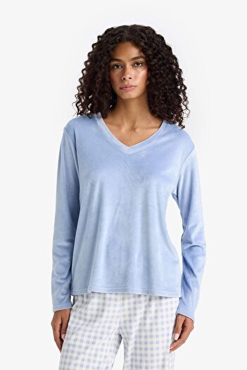 DeFacto Pijama Takımı Regular Fit Uzun Kollu Velur Üst Kareli Uzun Alt-Fall in Love E7278AX25AU