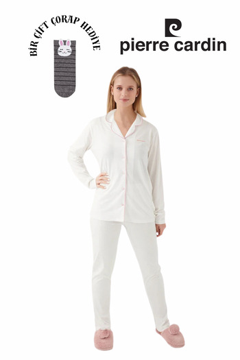 Pierre Cardin Women's Ecru Long Sleeve Button Front Pajama Set with 1 Pair of Socks Gift R.O.Z..8.2.E.L.T.8.