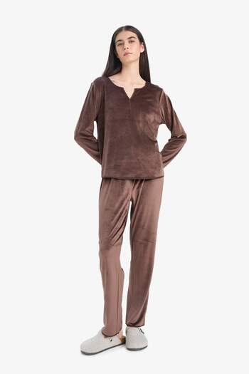 DeFacto Pajama Sets Regular Fit Long Sleeve Velur Top Long Bottom-Fall in Love A3356Ax25Au