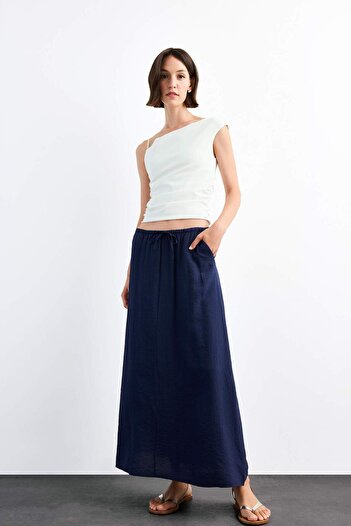 DeFacto Relax Fit Elastic Waist Crinkle Fabric Midi Skirt G1093Ax25Sm