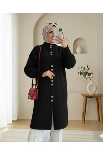 Modamorfo Buttoned Front Long Bearded Soft Cardigan -Black