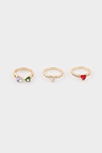 DeFacto Women's 3-Piece Heart Detailed Gold Ring F6203Axns