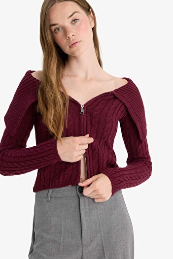 DeFacto Regular Fit Açık Omuz Fermuarlı Triko Hırka E8263AX25WN