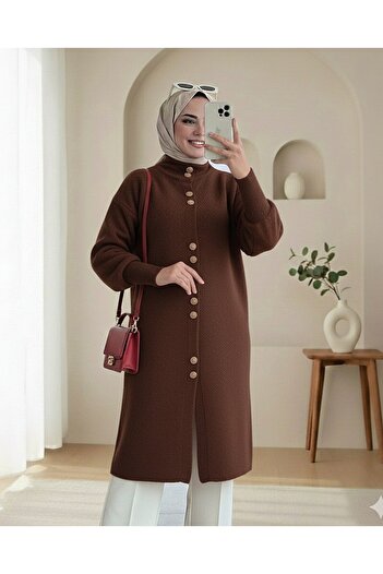 Modamorfo Buttoned Front Long Bearded Soft Cardigan - Brown